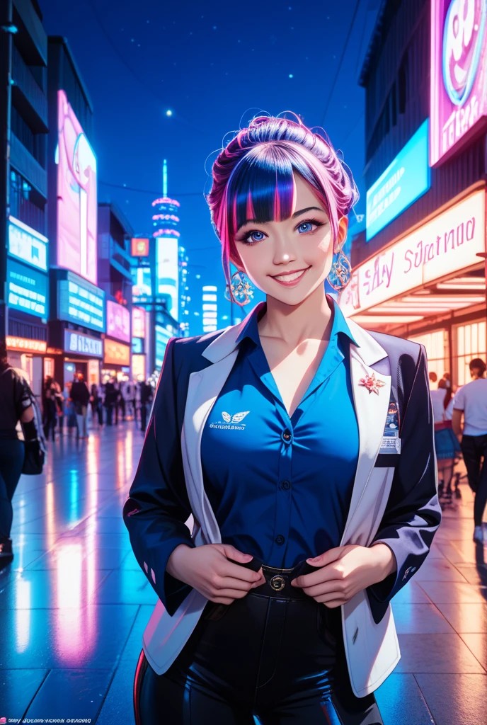 秋葉原のネオン街を背景にした女性イメージ。エムズ秋葉原店を紹介する記事のアイキャッチ画像