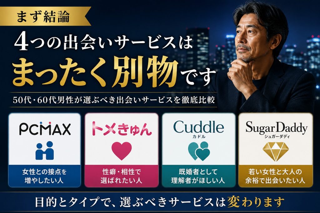 50代・60代男性向けにPCMAX・トメきゅん・カドル・シュガーダディの4つの出会いサービスを比較する見出し画像