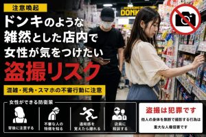 ドンキのような雑然とした大型店の店内で、女性が注意したい盗撮リスクとスマホの不審行動を警告する防犯イメージ