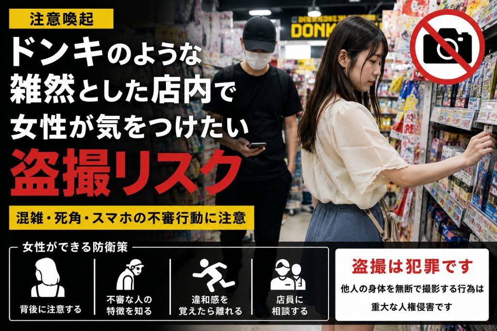 ドンキのような雑然とした大型店の店内で、女性が注意したい盗撮リスクとスマホの不審行動を警告する防犯イメージ