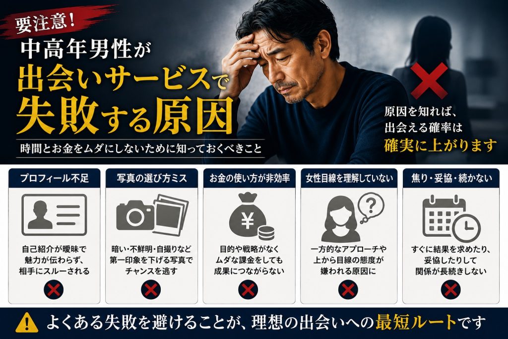 50代・60代男性が出会いサービスで失敗しないための注意点を解説する見出し画像