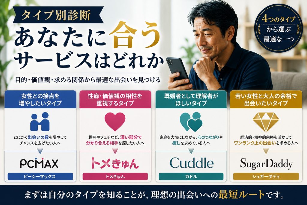 中高年男性が目的別に自分に合う出会いサービスを選ぶタイプ別診断の見出し画像