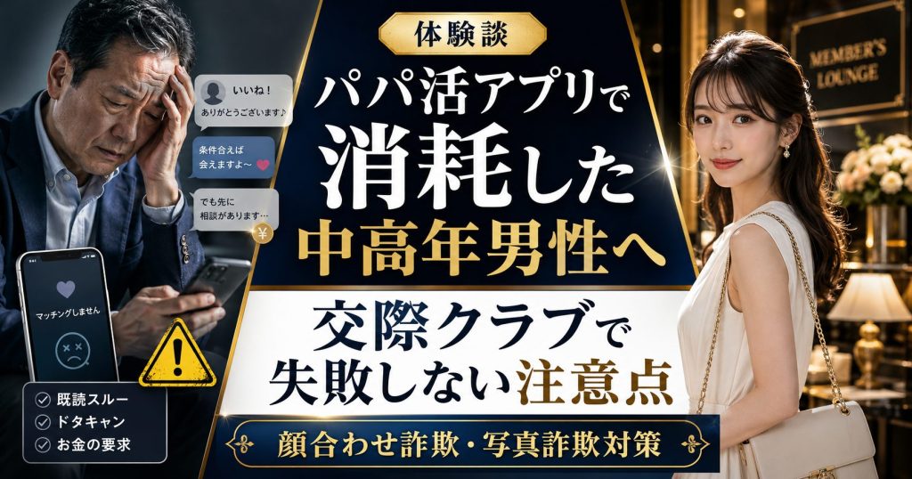 パパ活アプリで顔合わせ詐欺や写真詐欺に悩む中高年男性に向けて、交際クラブで失敗しないための注意点を解説するアイキャッチ画像
