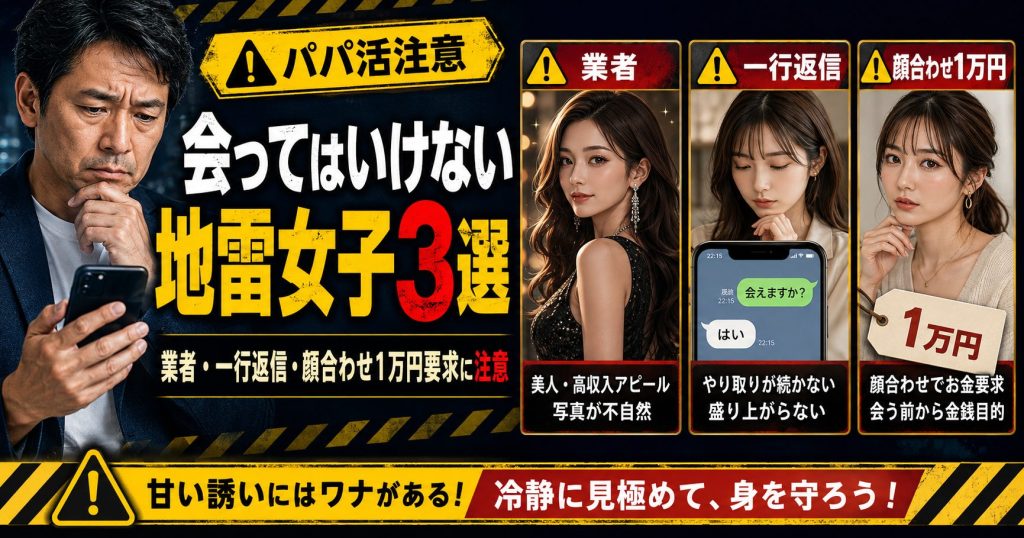 パパ活で会ってはいけない地雷女子3選として、業者・一行返信・顔合わせ1万円要求に注意すべきポイントを示したアイキャッチ画像