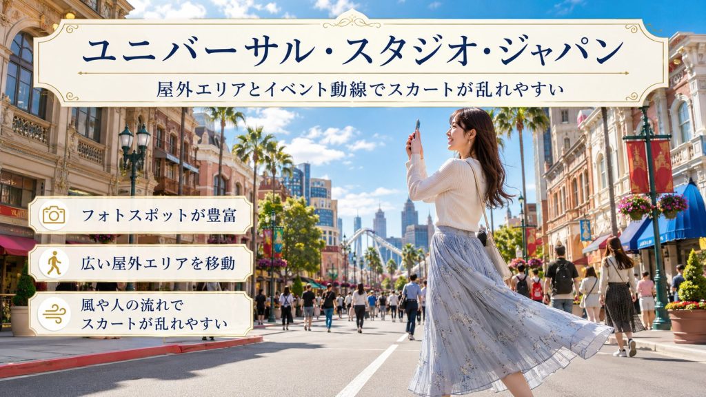 ユニバーサル・スタジオ・ジャパンでパンチラやスカートの乱れが起きやすい理由を、屋外エリア・イベント動線・写真スポット・風や人の流れの構造から解説する見出し画像