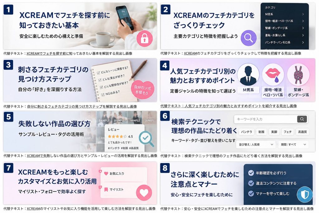 XCREAMでパンチラ好きが次にハマりやすいフェチカテゴリを3方向に分けて紹介する見出し画像。M男系、接吻・唾液・ベロ・ツバ系、緊縛・ボンデージ系など、自分に刺さるカテゴリを探す流れを表現