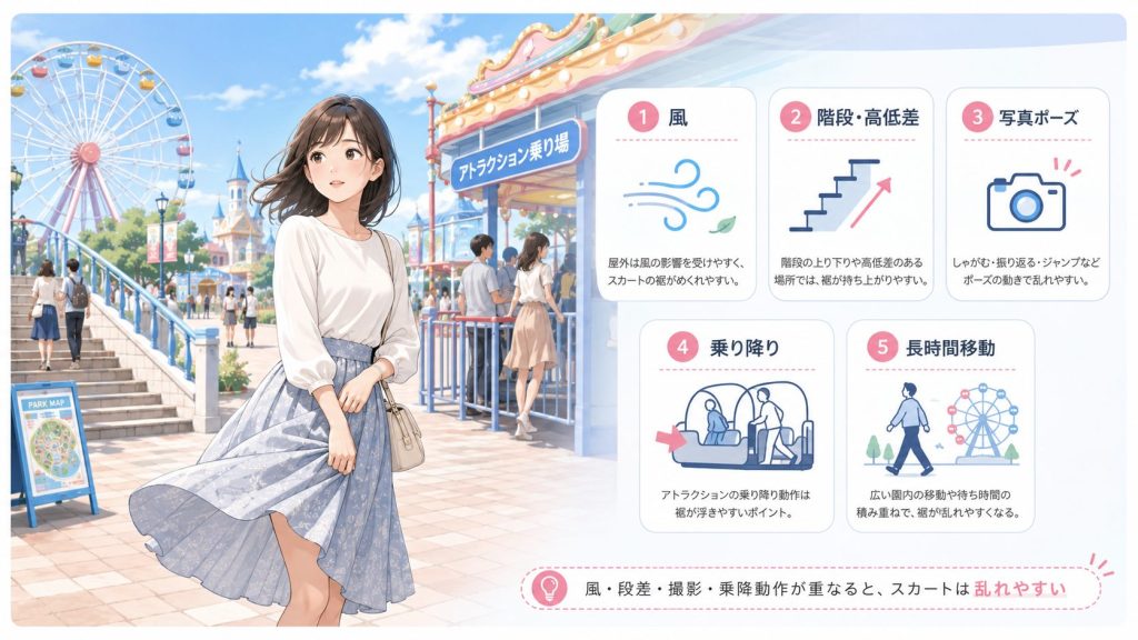 遊園地でパンチラやスカートの乱れが起きやすい理由を、風・階段・高低差・写真スポット・アトラクションの乗り降り・長時間移動の構造から解説する図解画像