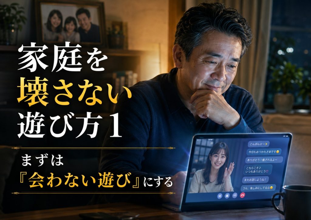 中高年男性が家庭を壊さない遊び方としてライブチャットや会わない遊びを選び、リアルな出会いの前に気持ちを落ち着かせる見出し画像