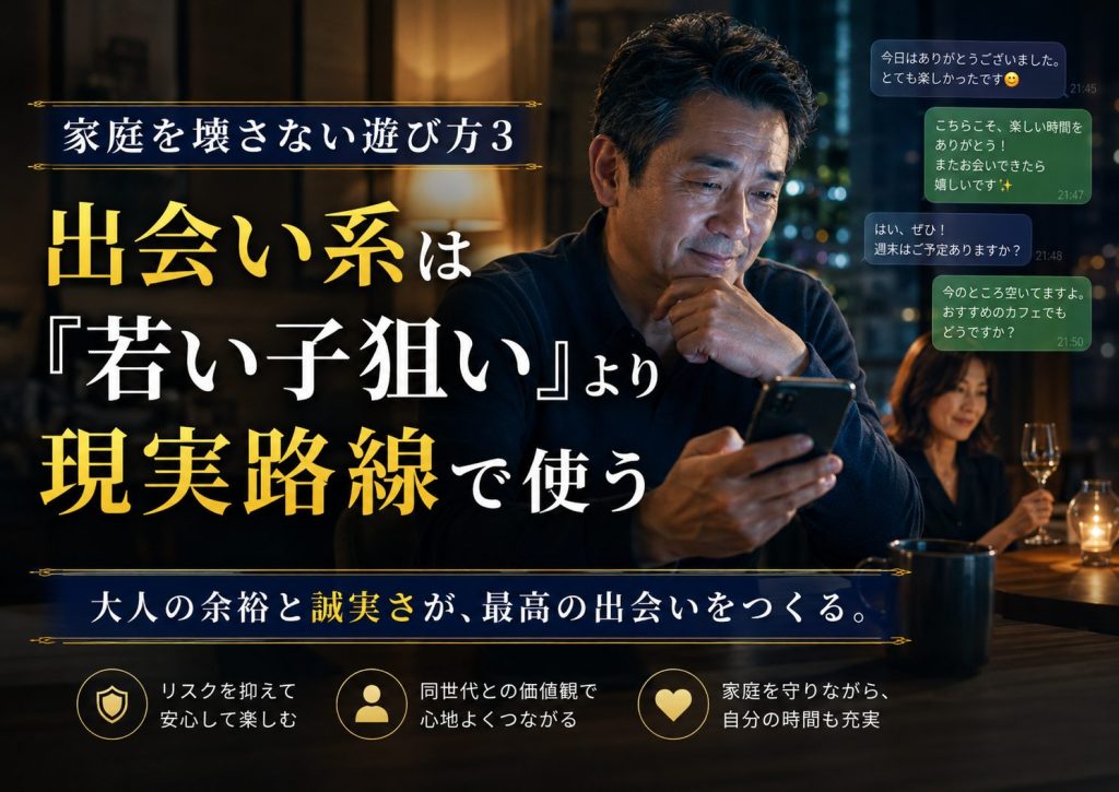 家庭を壊さない遊び方として若い子狙いではなく現実路線で出会い系を使う中高年男性と、大人の落ち着いた出会いを表現した見出し画像