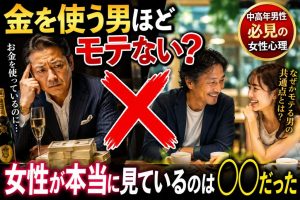お金を使ってもモテない中高年男性と、自然な会話で若い女性に好かれる男性を比較したアイキャッチ画像