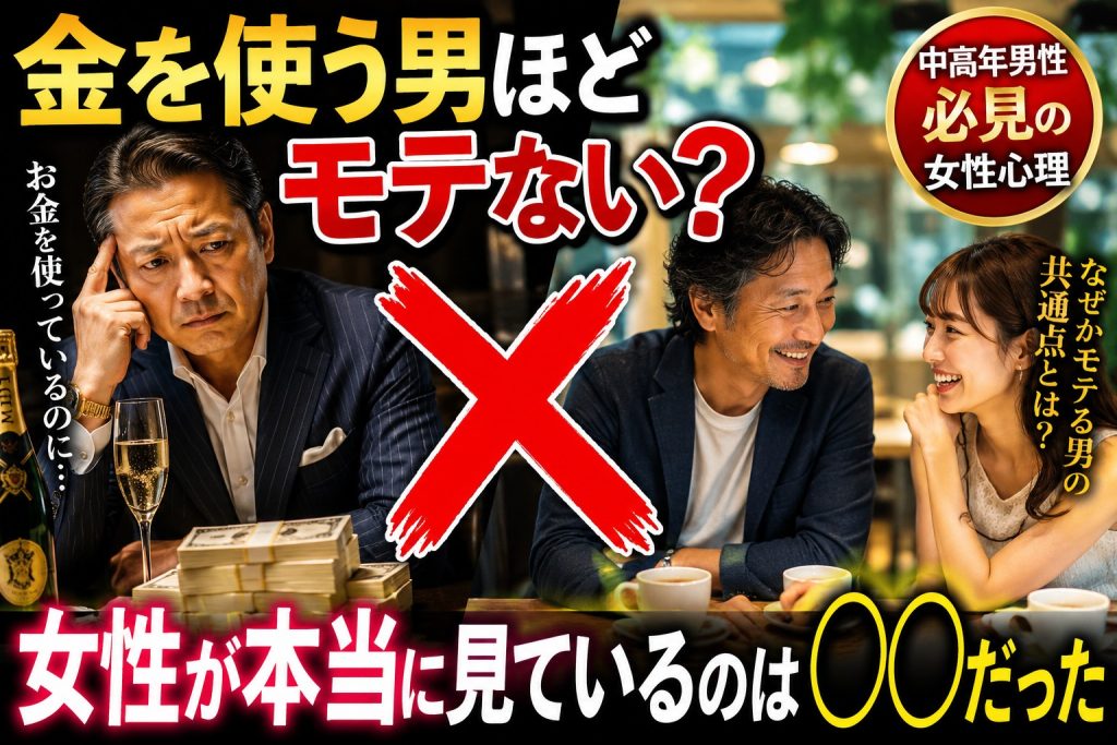 お金を使ってもモテない中高年男性と、自然な会話で若い女性に好かれる男性を比較したアイキャッチ画像