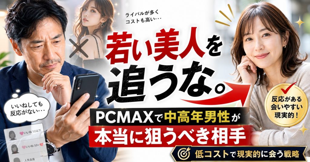 PCMAXで若い美人ばかりを追わず、中高年男性が会いやすい普通の女性を現実的に探す出会い系攻略アイキャッチ画像